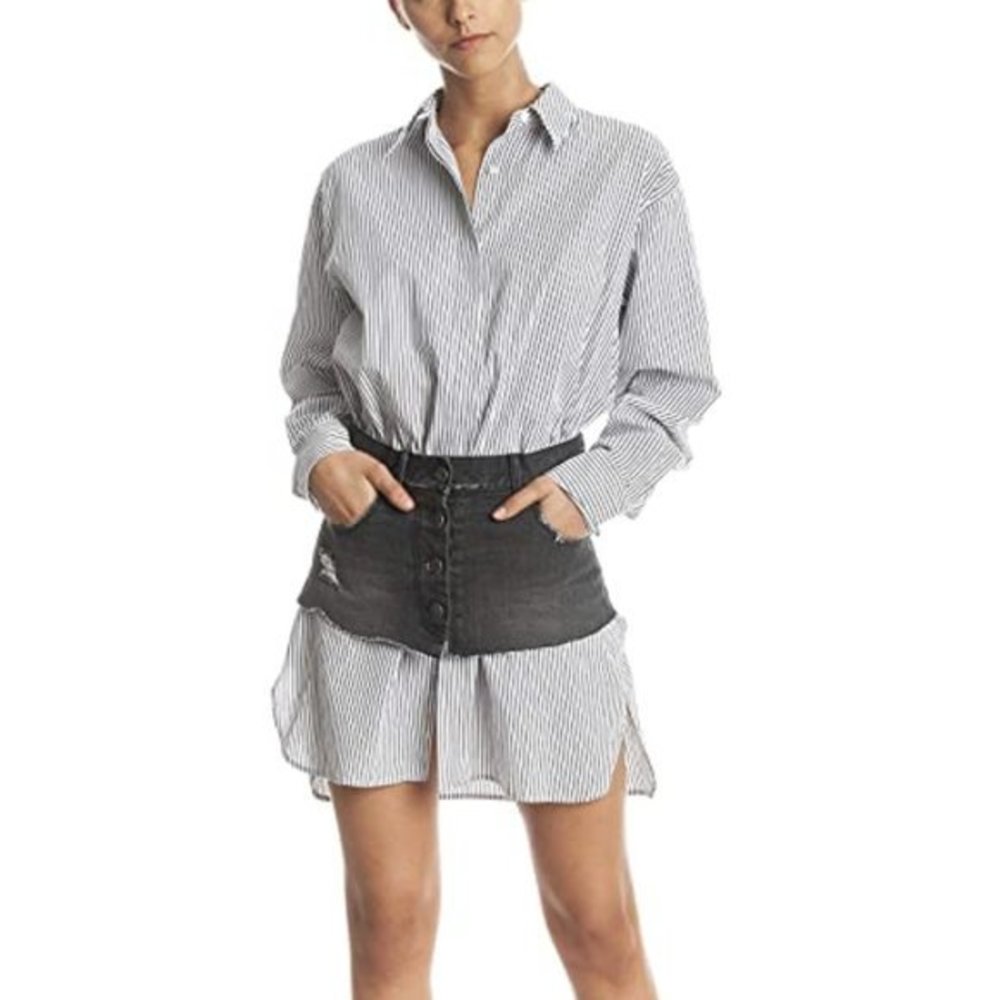 Kendall + Kylie Oversized Poplin Striped Shirt with Denim Belt. L